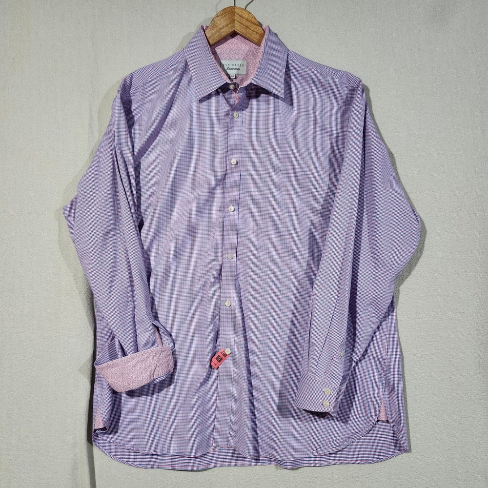 Ted Baker Endurance Mens 17.5 34/35 Purple Micro Check Dress Shirt Long Sleeve‎